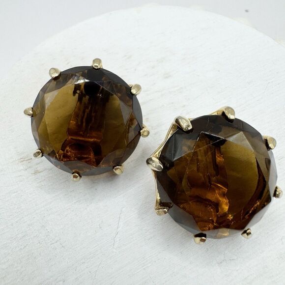 Vintage Smoky Topaz Amber Root beer Glass Large Headlight Clip On Earrings - Picture 3 of 10
